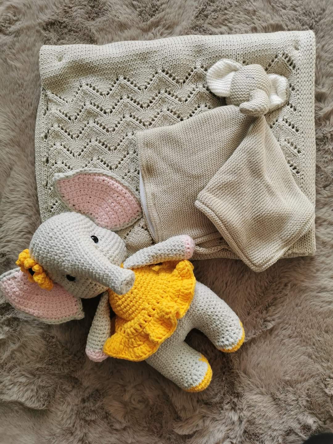 Luxury Handmade Elephant toy & Knitted Baby comforter and Shawl